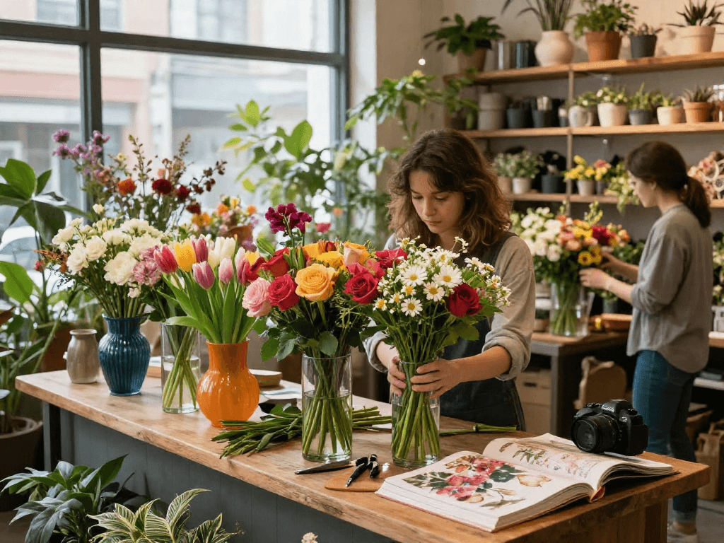 Florist creating a beautiful bouquet with seasonal flowers in a vibrant flower shop, showcasing colorful arrangements and inviting atmosphere