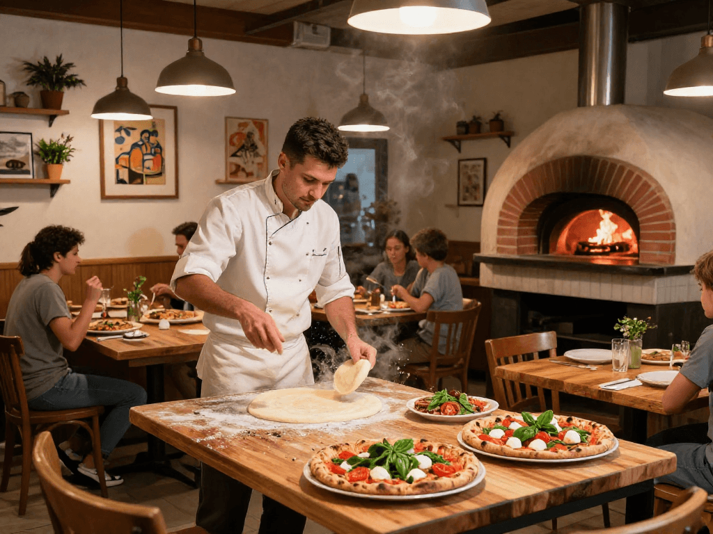 Chef tossing pizza dough in a lively pizzeria, highlighting the slot where families gather to enjoy artisanal pizza