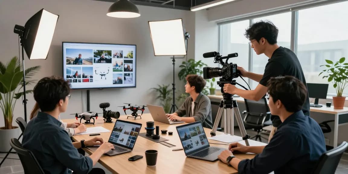 Corporate Video Production Company in Singapore filming a dynamic studio scene with a videographer adjusting equipment and team collaboration.