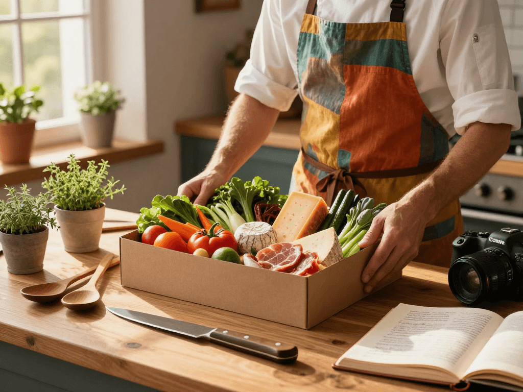 Chef preparing a gourmet food box filled with fresh ingredients in a cozy kitchen, featuring vibrant vegetables and golden hour light
