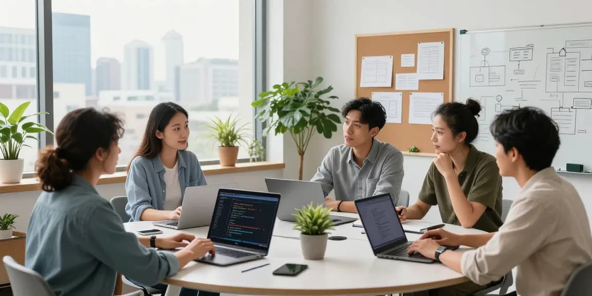 Software developers collaborating at https://rtischeduler.co.uk/ in a modern office setting.