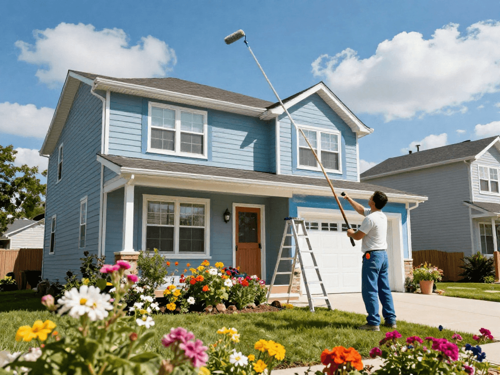 Home painting company transforming a suburban house with fresh colors