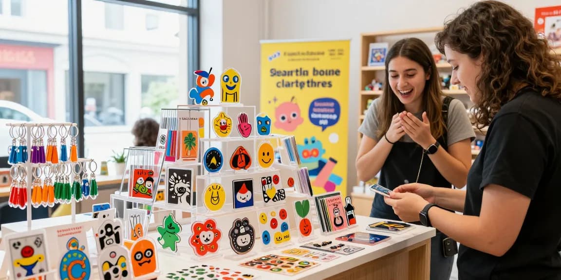 Custom acrylic stand display in a vibrant retail shop, customer exploring unique designs.