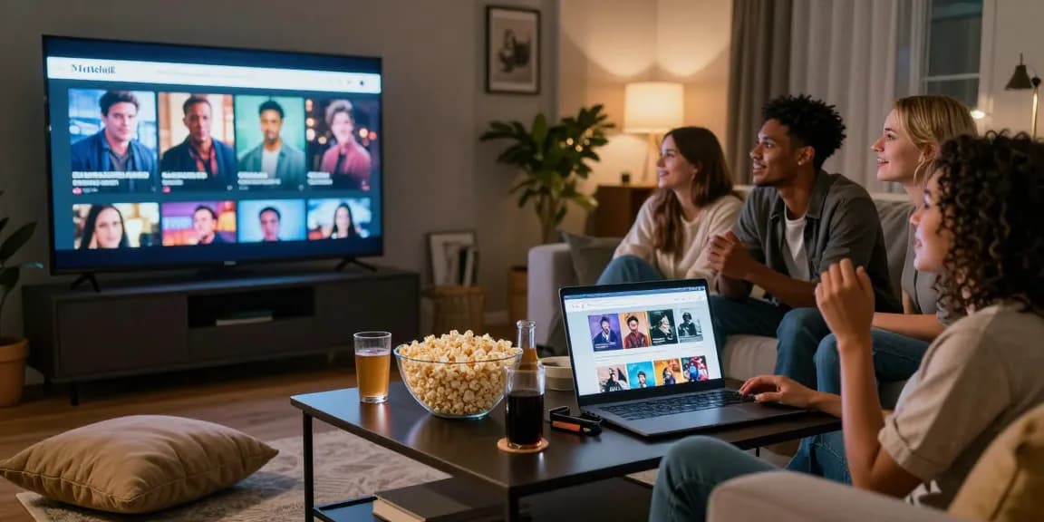 Friends enjoying a movie night on Motchill with snacks and a cozy atmosphere.
