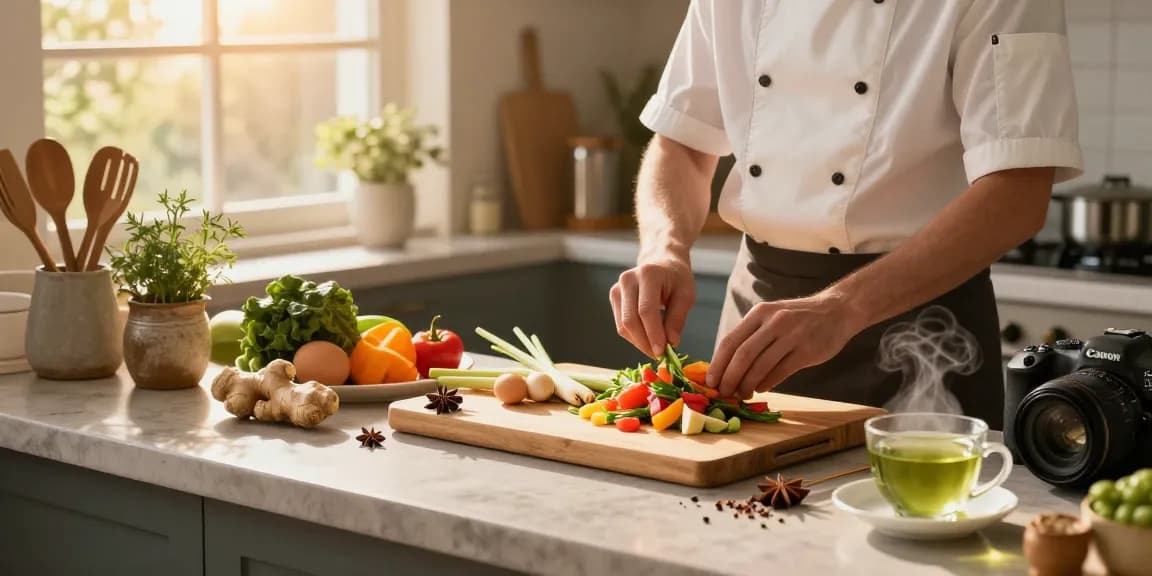 Cooking vibrant dishes with fresh ingredients like ginger and lemongrass in a cozy kitchen, emphasizing the keyword สล็อต.