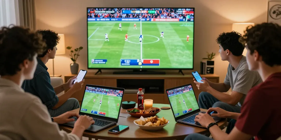 Gacor25 online football betting scene with friends watching World Cup matches.
