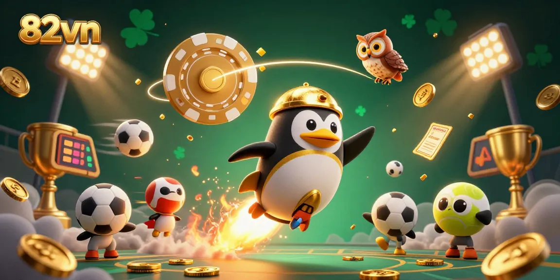 Experience the vibrant energy of 82vn as a golden penguin speeds towards a vibrant casino.