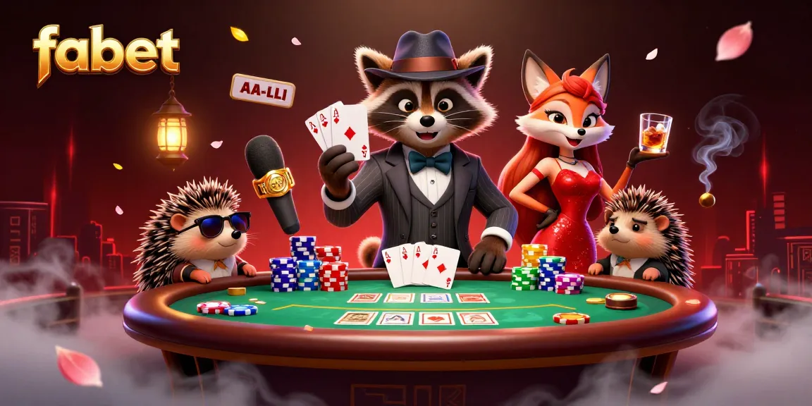 Experience fabet's thrilling gaming action with a charismatic raccoon poker player and vibrant casino elements.
