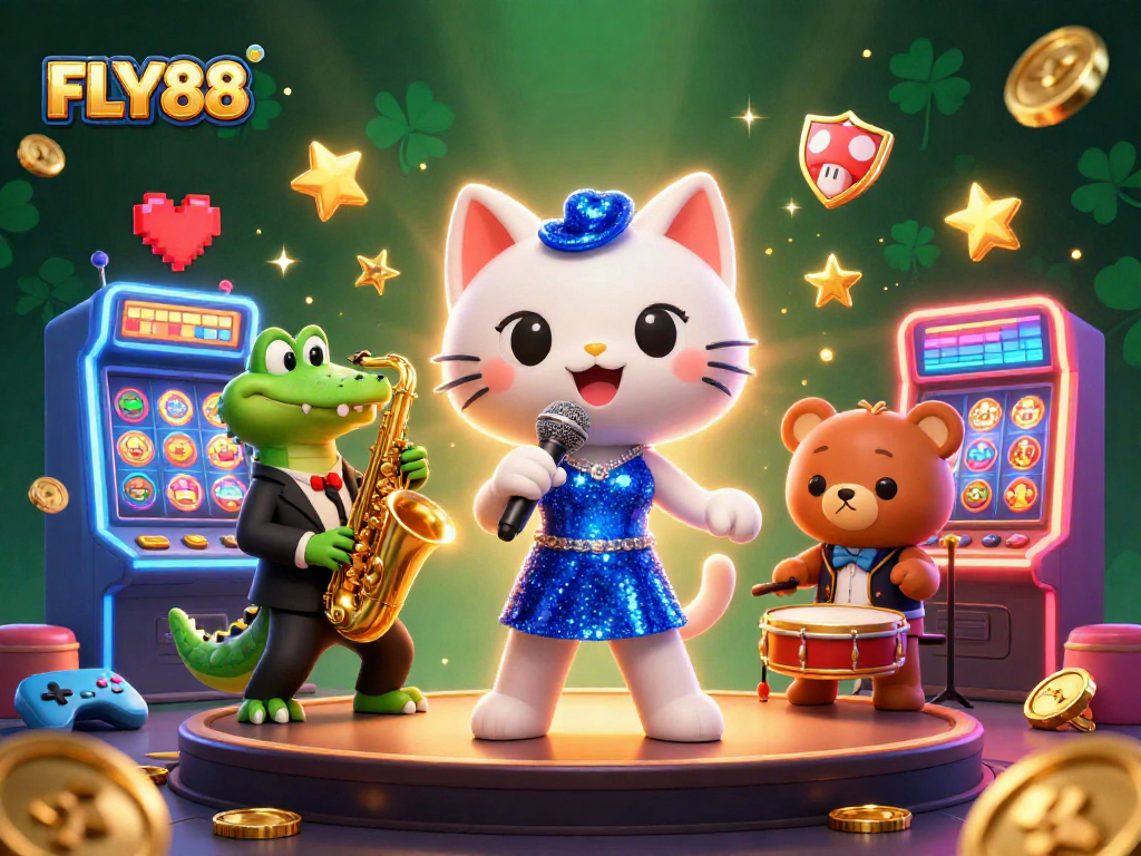 Engage at FLY88's vibrant casino scene featuring a singing cat, saxophone crocodile, and drumming bear.