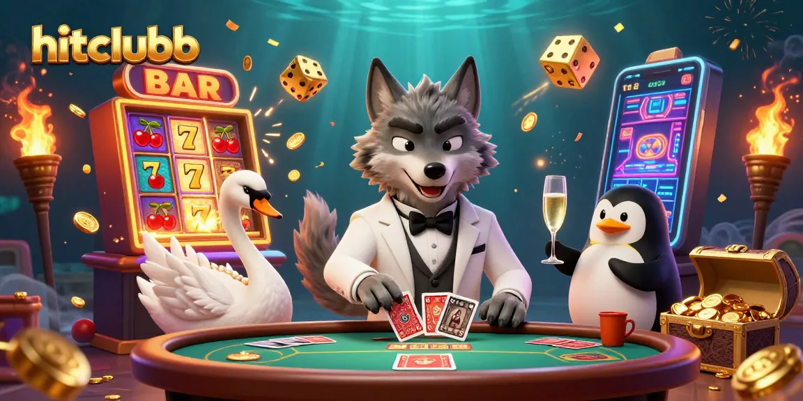 Hitclubb showcases a vibrant 3D casino scene with characters gambling at a baccarat table.