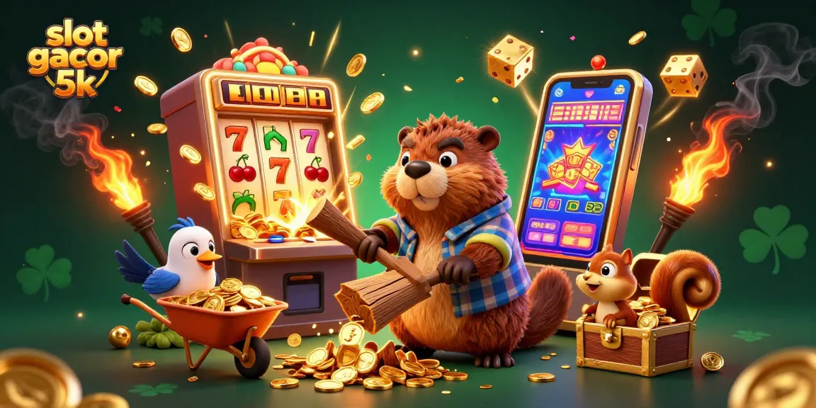 Play with slot gacor 5k in an exciting 3D cartoon illustration filled with golden treasures and dynamic casino elements.