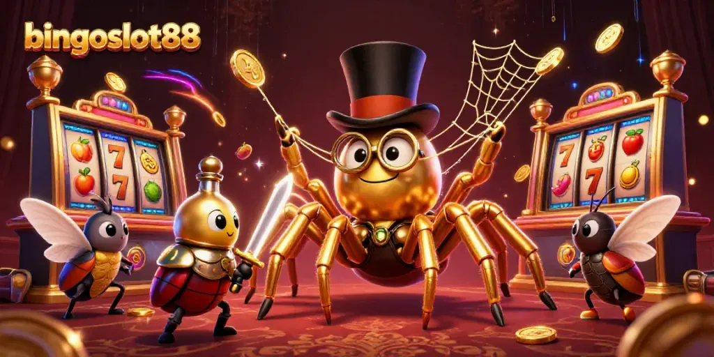 Permainan bingoslot88 dengan laba-laba emas 3D dan ksatria beetle mendekati jackpot slot yang bersinar.