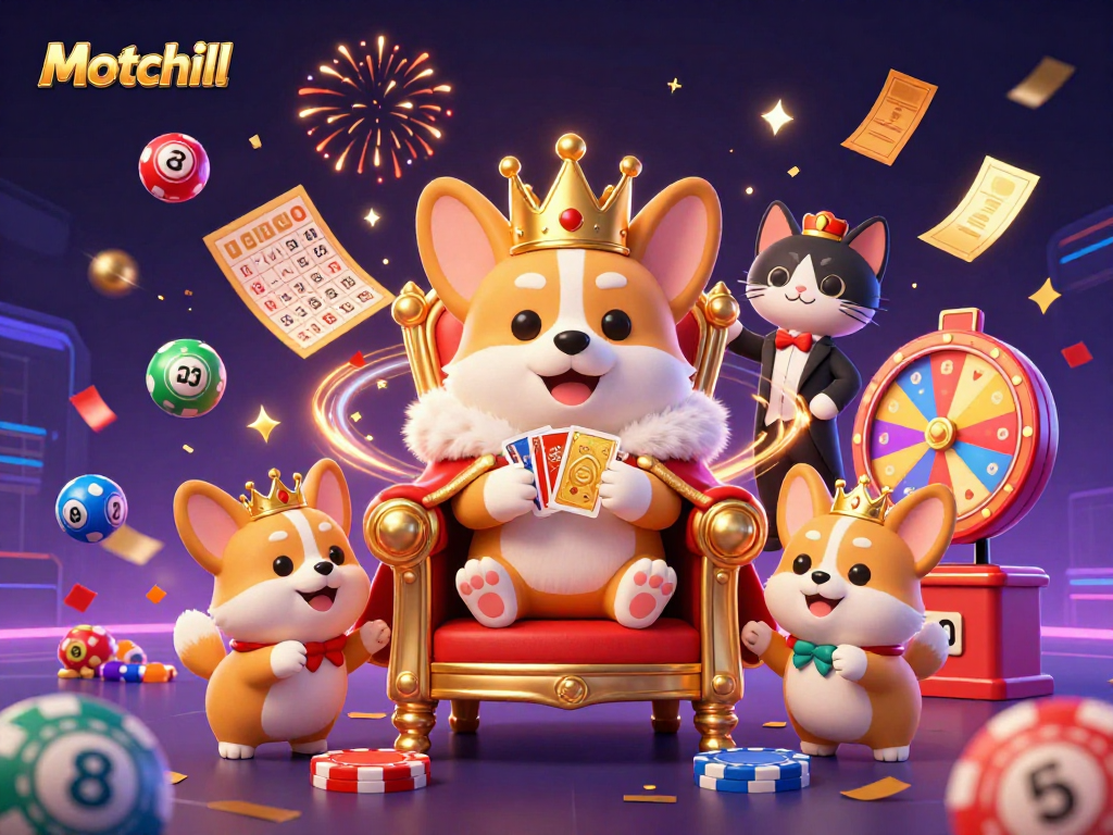 Experience the excitement of Motchill as royal corgis play in vibrant gambling scenes and colorful lottery elements.