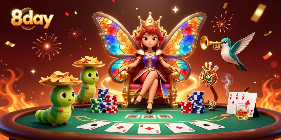 Experience excitement at 8day with enthralling casino games featuring a butterfly queen and vibrant poker elements.