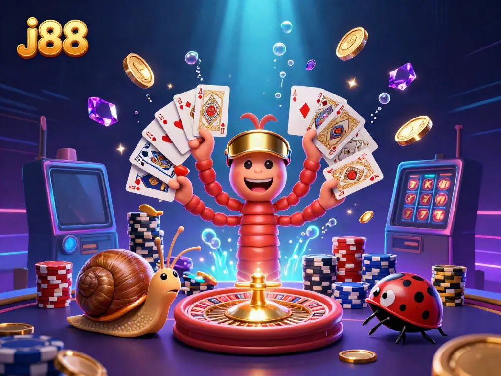 Engage with j88's thrilling casino scene featuring animated characters and sparkling game elements.