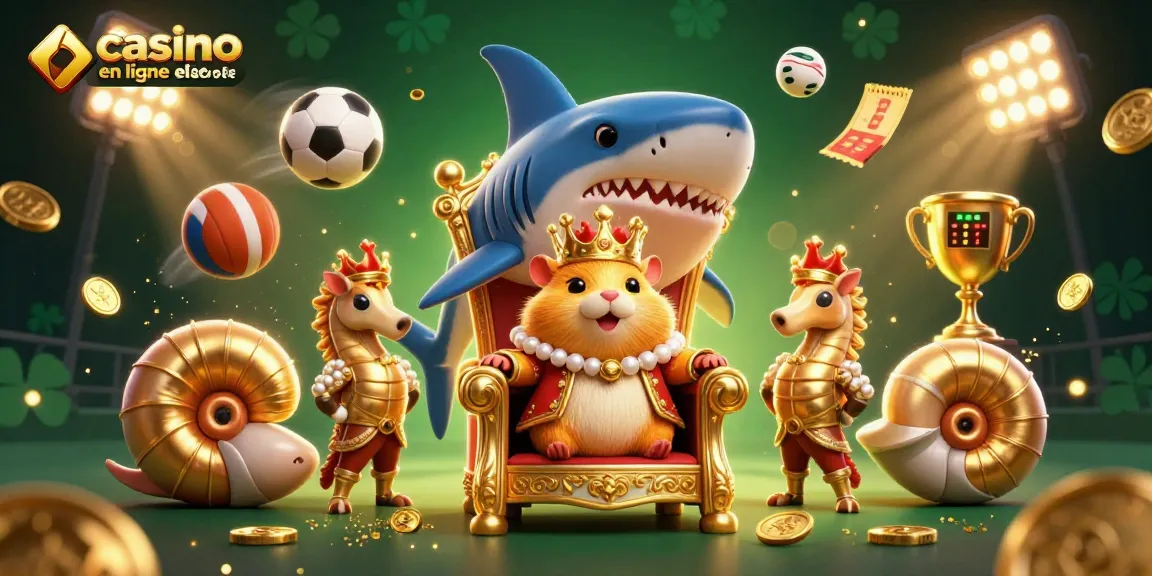 Visualisez le roi hamster sur son trône dans l'univers des casinos en ligne France légal, entouré de pièces d'or et de jeux.