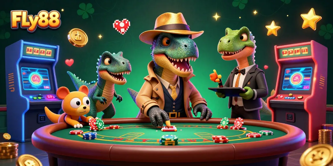 Experience thrilling gameplay at FLY88 with a velociraptor card counter and friends in a vibrant casino scene.