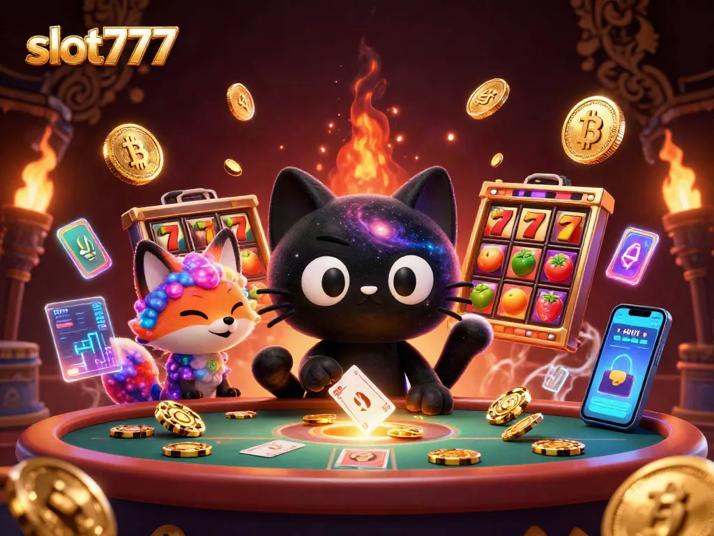Menangkan jackpot di slot777 dengan kucing hitam 3D menarik chip emas di meja kasino