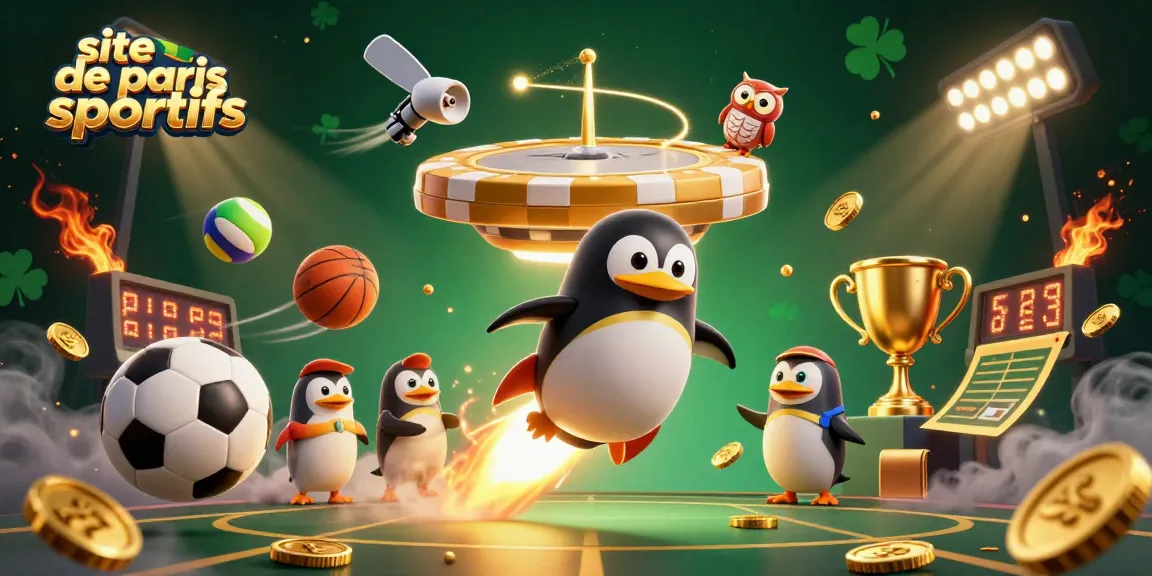 Visualisez le site de paris sportifs avec un pingouin doré et des éléments sportifs dynamiques.