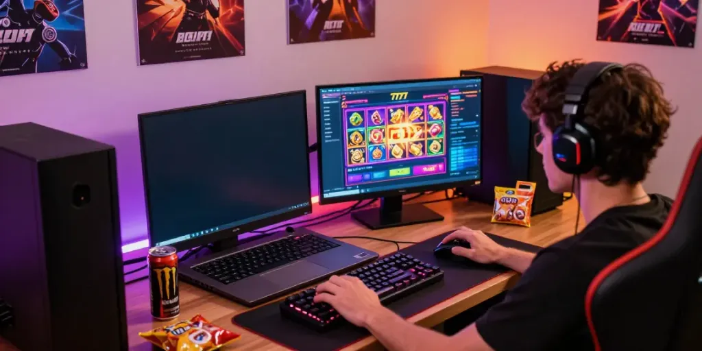 Menikmati permainan slot777 dalam suasana gaming yang ceria dengan monitor dan aksesori modern.