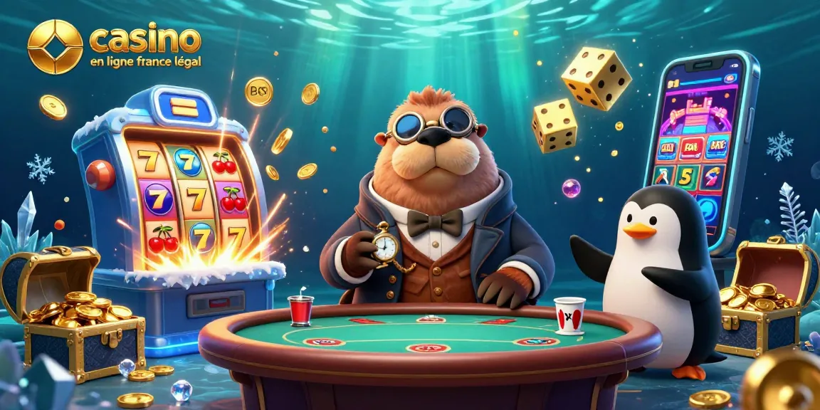 Casino en ligne France légal : Illustration dynamique d’un phoque jouant aux cartes sous l’eau avec effets lumineux.