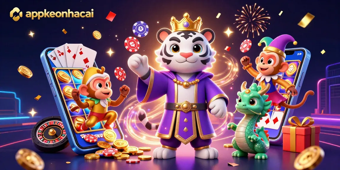 Engage with appkeonhacai's vibrant gaming world featuring a playful jester monkey juggling poker chips.