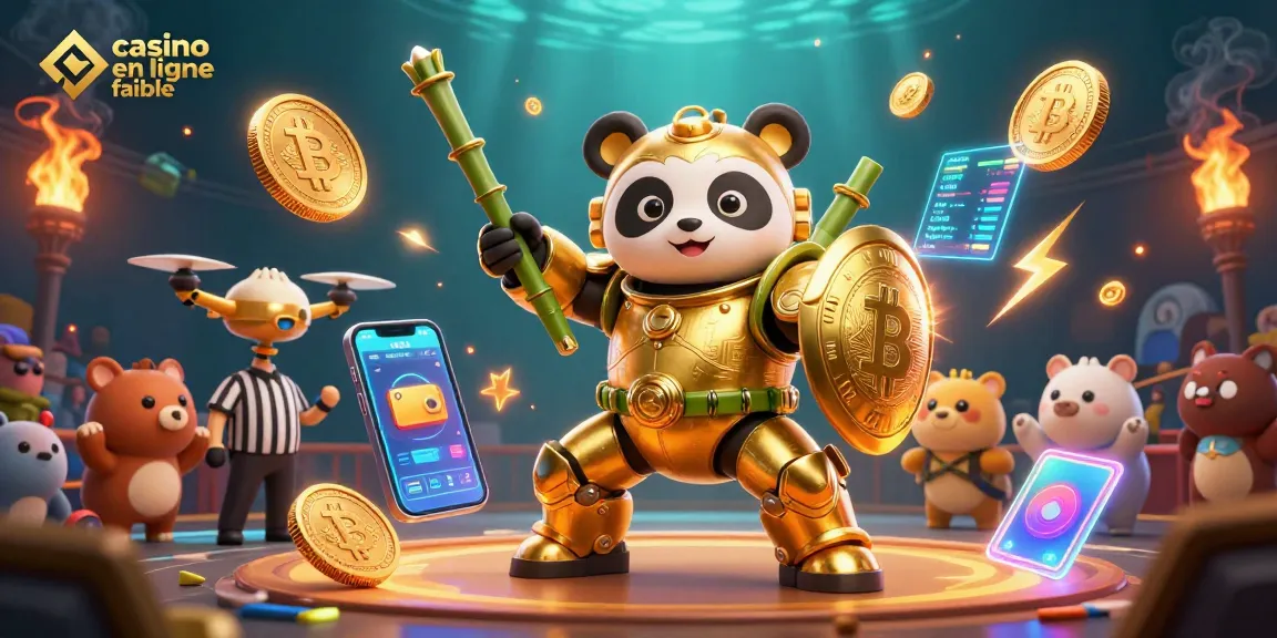 Découvrez l'univers du casino en ligne fiable avec une illustration dynamique de panda doré et éléments de jeu.