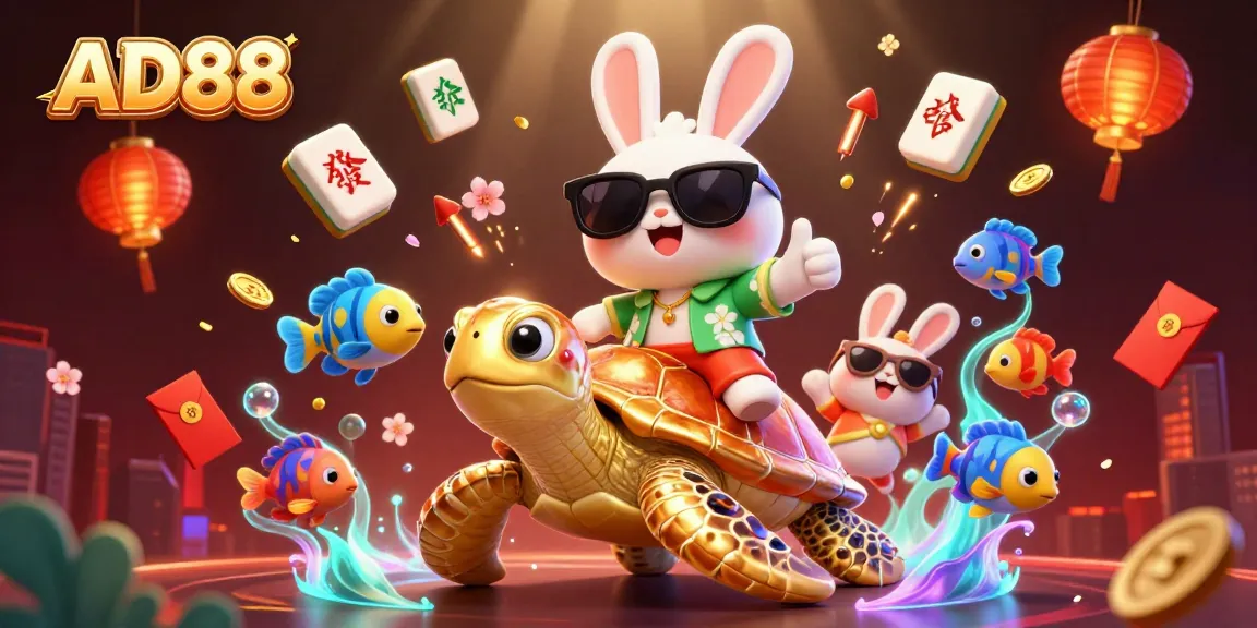 Engage with AD88's vibrant casino atmosphere featuring a lucky rabbit and golden turtle under colorful lights.