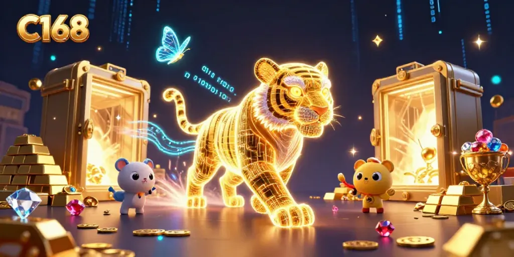 C168 showcases a vibrant digital casino landscape with a neon tiger and treasures bursting with gold, enhancing gaming excitement.
