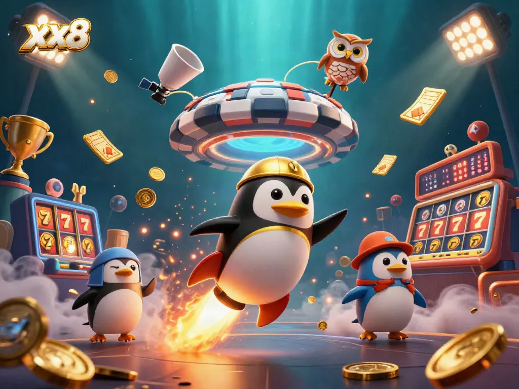 Bet on xx8 with a vibrant scene showcasing the golden penguin racing to the casino, surrounded by thrilling gaming elements.