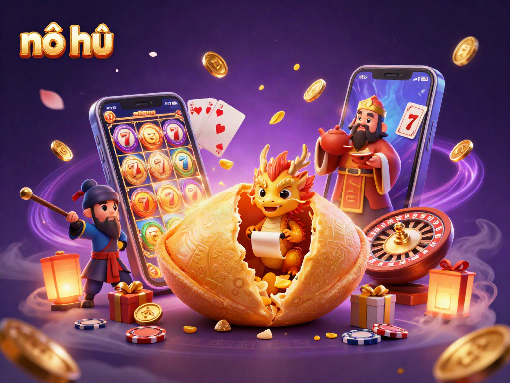 Experience exciting nổ hũ gameplay with golden fortune symbols and dynamic slot elements in this captivating illustration.