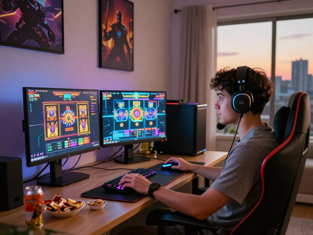 Excited player engaging with judi slot games in a vibrant gaming setup.