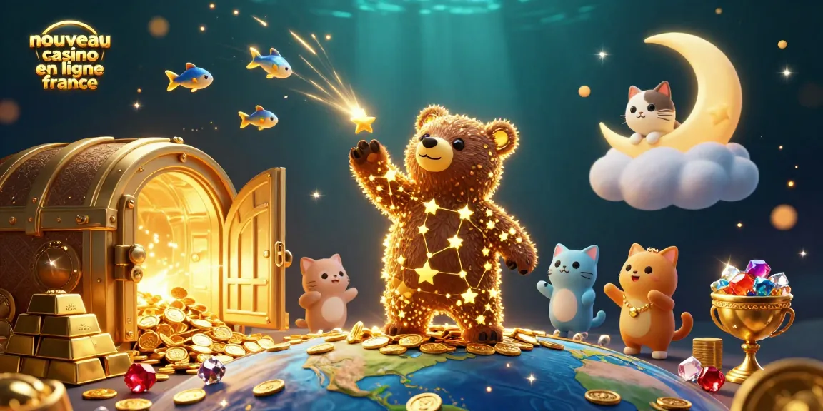 Jouez sur le nouveau casino en ligne France avec notre illustration animée de personnages ludiques entourés de trésors brillants.