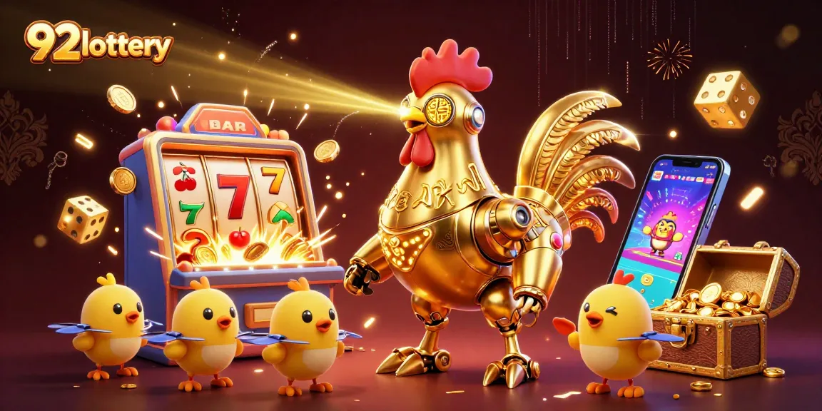 Engage with 92lottery's dynamic gaming world featuring a golden rooster robot and jackpot bursts.