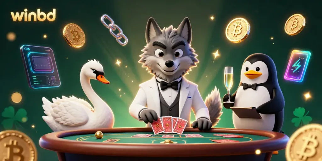 Experience exhilarating baccarat with winbd's debonair characters in a vibrant casino scene.