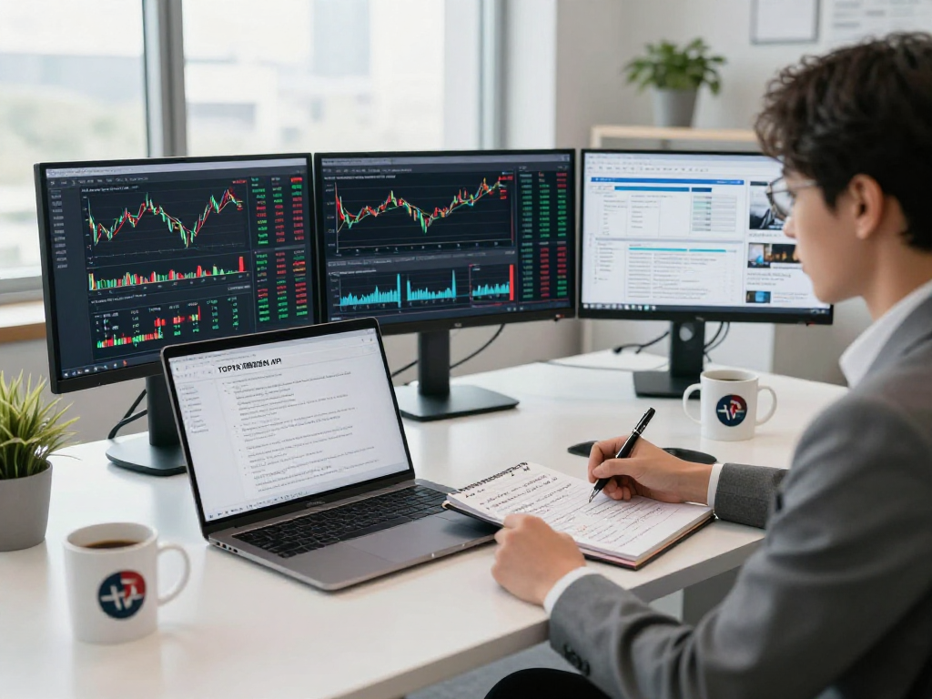 使用TOPIX指数报价API的金融分析师在现代办公环境中进行实时市场数据分析,展示专业分析和决策过程。