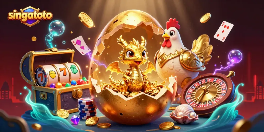 Singatoto brings excitement with a golden dragon guarding poker chips, surrounded by casino elements.