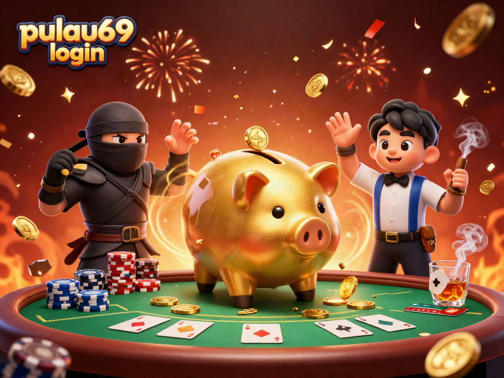 Experience the thrill of pulau69 login with a dynamic 3D casino illustration featuring exciting game elements.