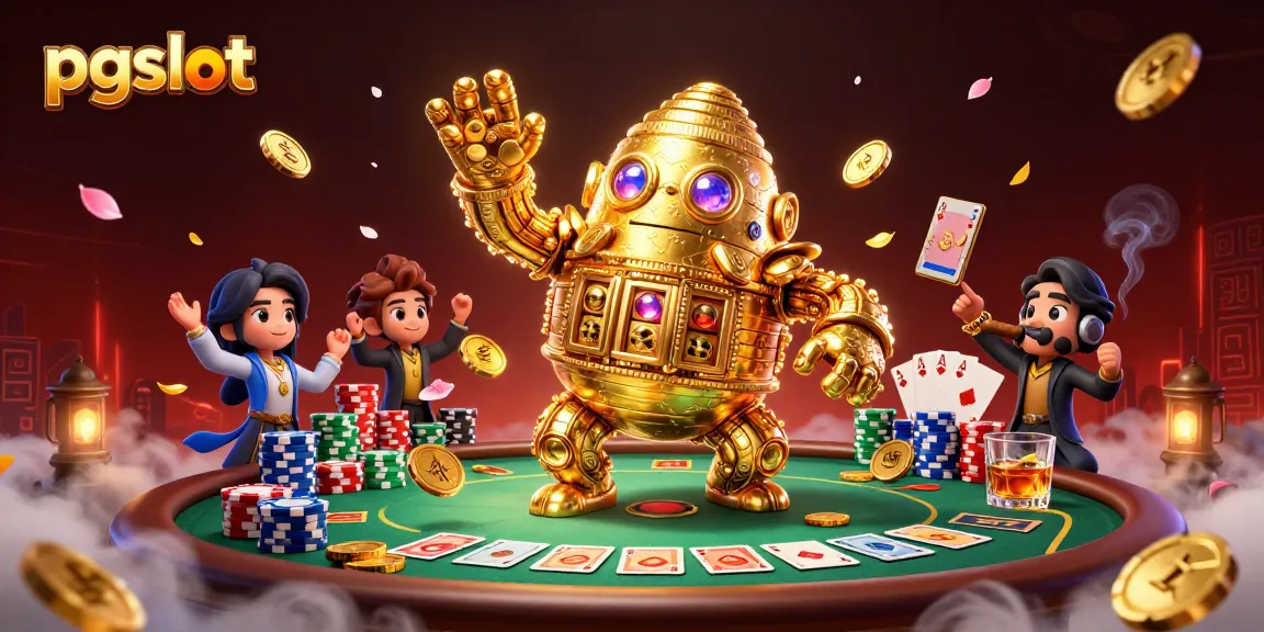 Engage with pgslot as golden golem spins coins at a vibrant poker table, showcasing thrilling casino excitement.