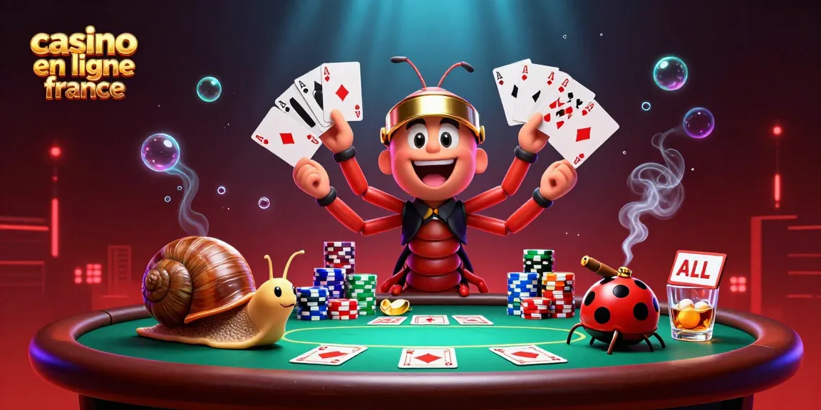 Jouer au casino en ligne France avec une scène colorée et dynamique incluant un millipède croupier.