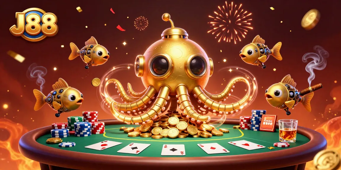 Engage with exciting poker action in J88, featuring a golden kraken submarine and vibrant casino elements.