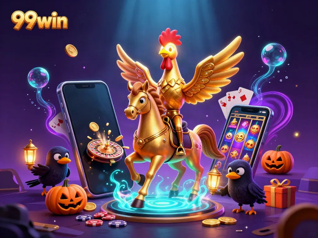 Experience the thrilling world of 99win with a golden rooster character in a vibrant casino scene.