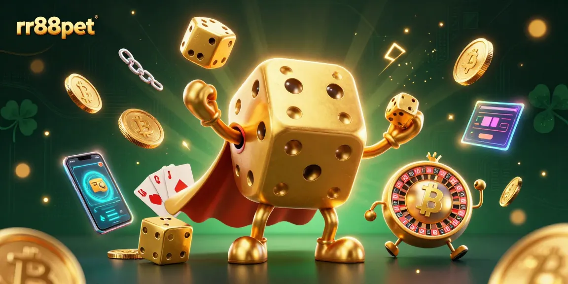 rr88pet showcases a vibrant illustration of a golden dice golem, symbolizing luck in online gaming.