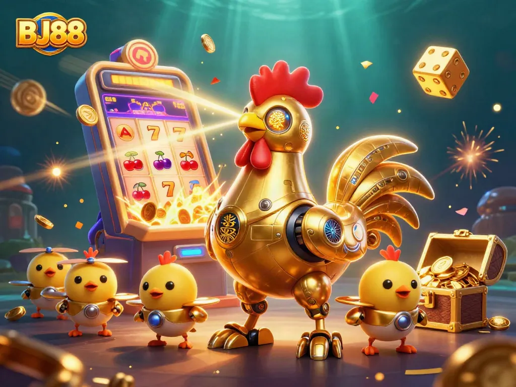 BJ88 casino scene showcasing dynamic robot characters, vibrant slot machine elements, and rich gaming atmosphere.