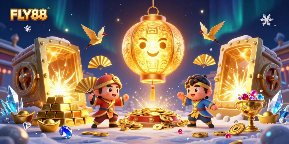 FLY88 enchantingly showcases a vibrant night market casino scene with dazzling golden treasures and magical creatures.