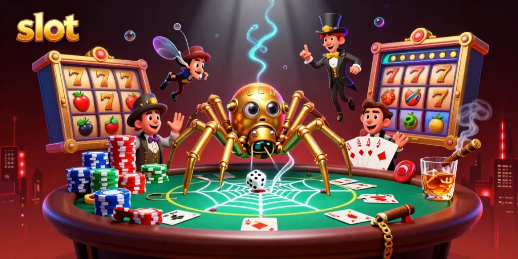 Spin the slot reels with vibrant 3D illustrations full of lucky 7s and jackpot symbols amid casino excitement.