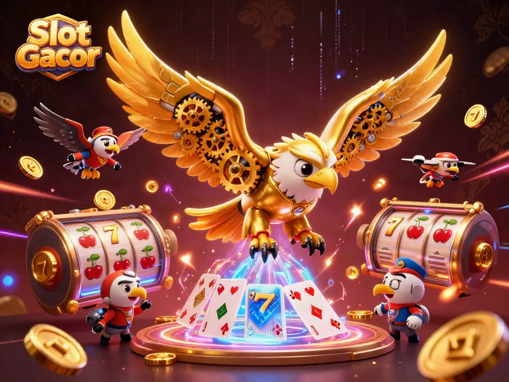 Slot Gacor menunjukkan kemenangan besar dengan simbol slot dan koin emas yang bertebaran.