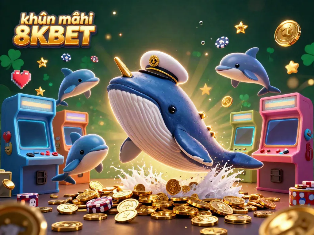 Experience exciting khuyến mãi 8KBET with a 3D whale, dolphin, and casino-themed elements.