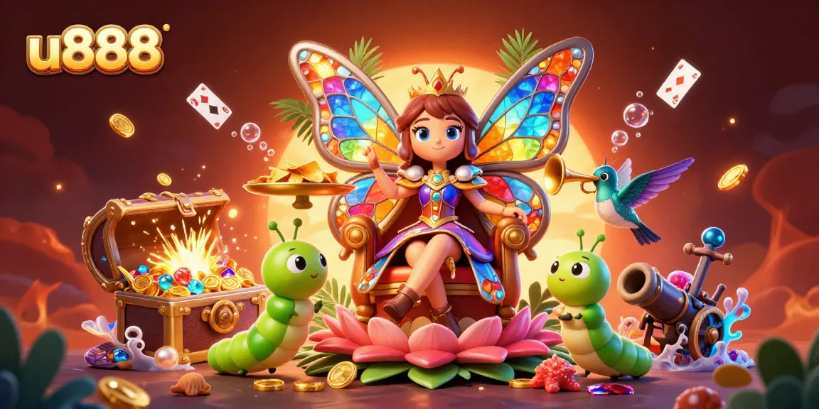 Experience thrilling gameplay at u888 with a vibrant butterfly queen and gold-rewarding treasures in a captivating casino scene.