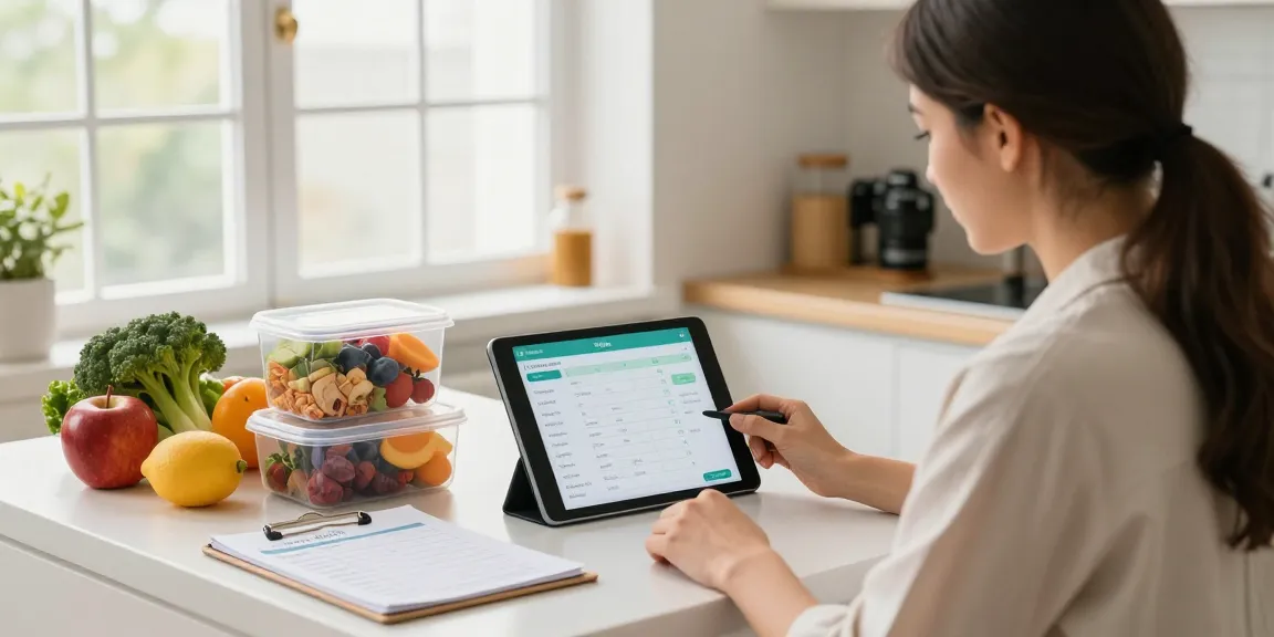 Nutritionist exploring the best calorie tracking app surrounded by fresh produce and meal prep.